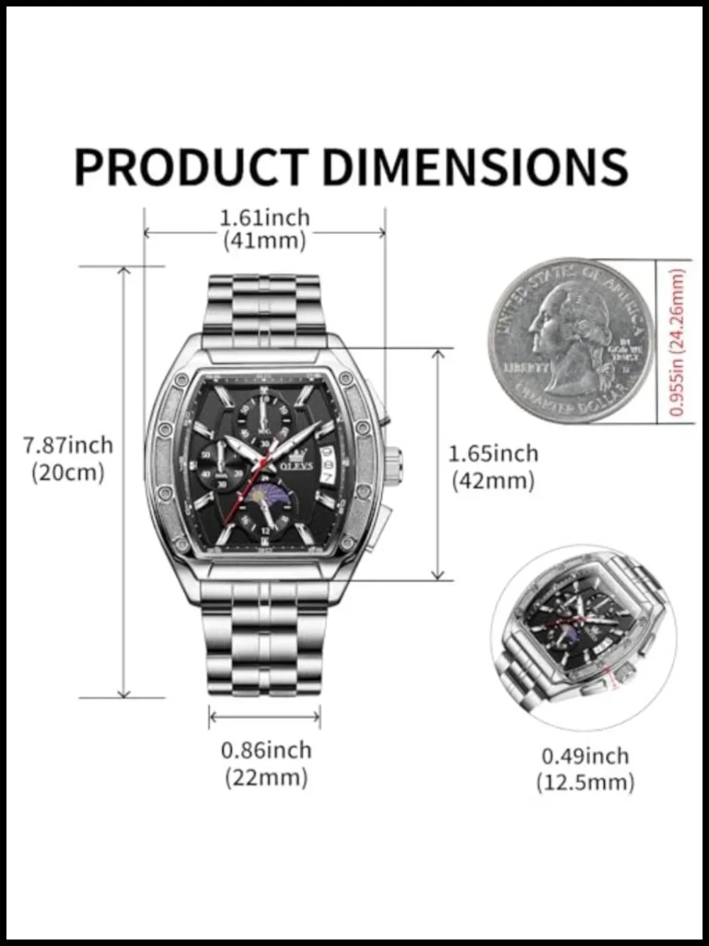 Mens Chronograph Dress Watch Square Face Stainless Steel